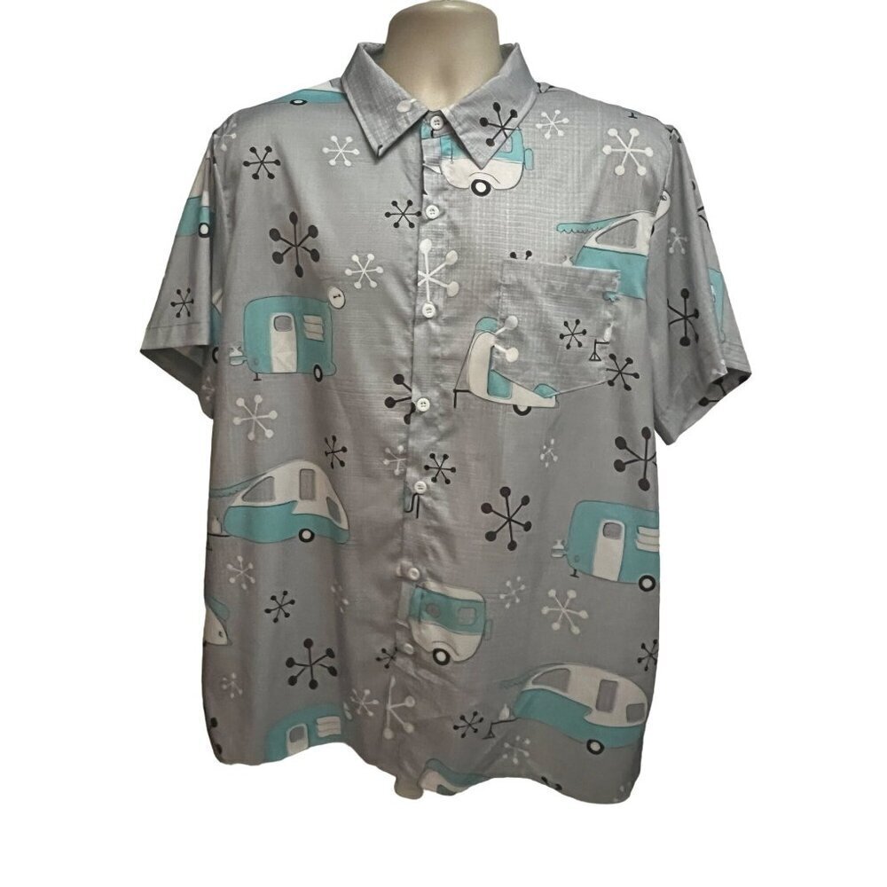 Misslook Vintage Gray Retro Kitsche Camper Camping Button Front Shirt XL Pocket
